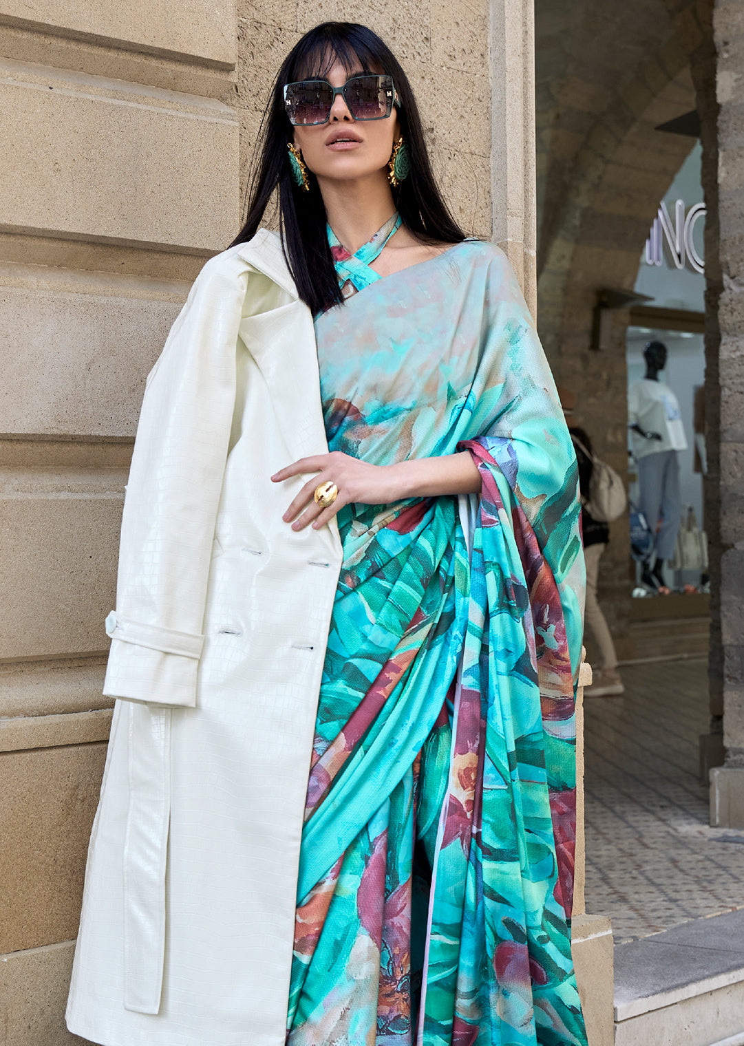 Cyan Blue Woven Digital Printed Satin Crepe Silk Saree