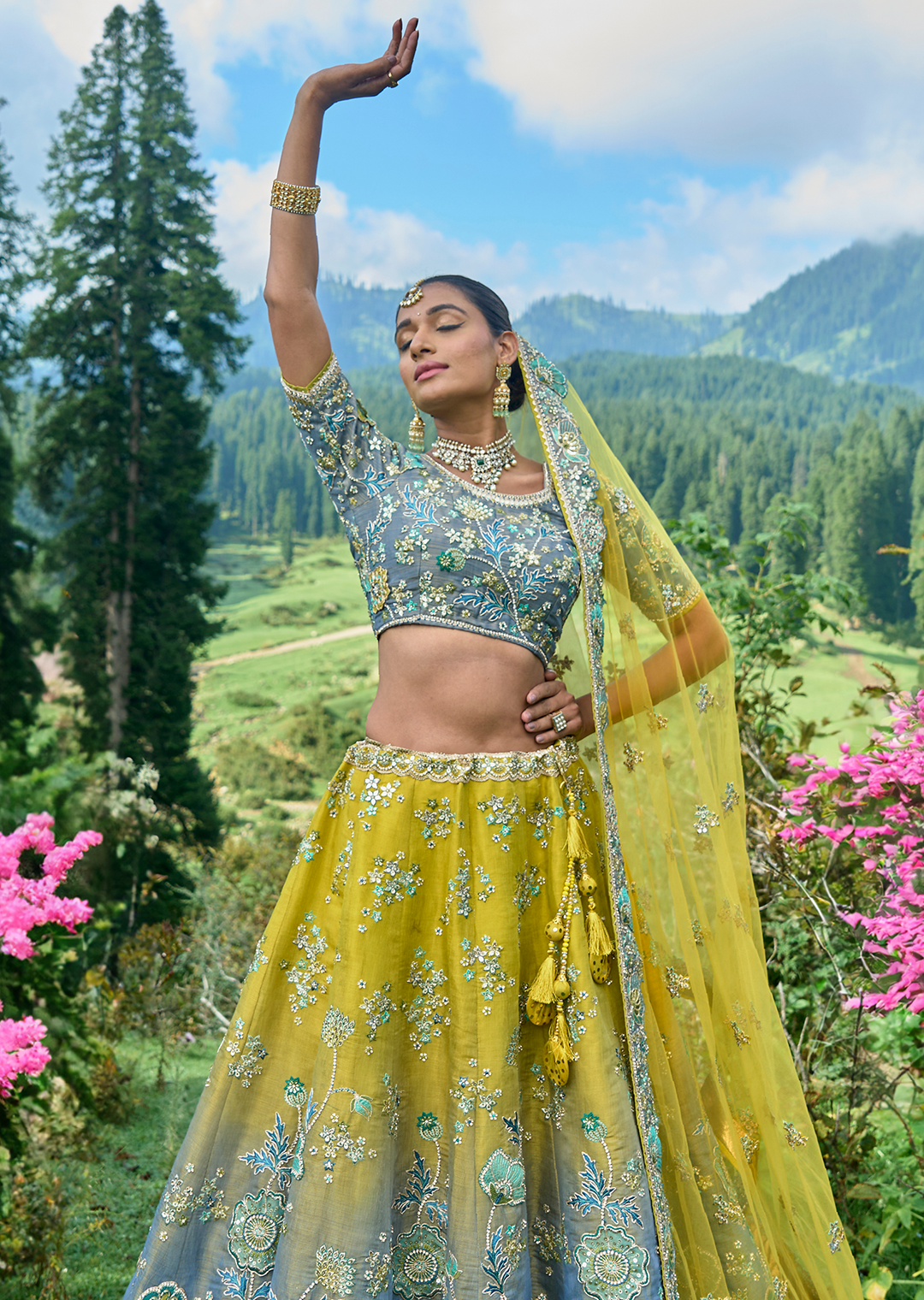 Lavender Grey & Yellow Hand Worked Premium Designer Silk Lehenga