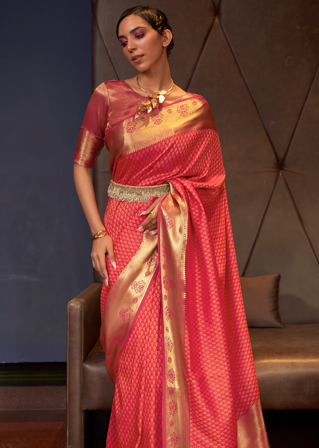 SUNSET ORANGE WOVEN HANDLOOM KANJIVARAM SILK SAREE
