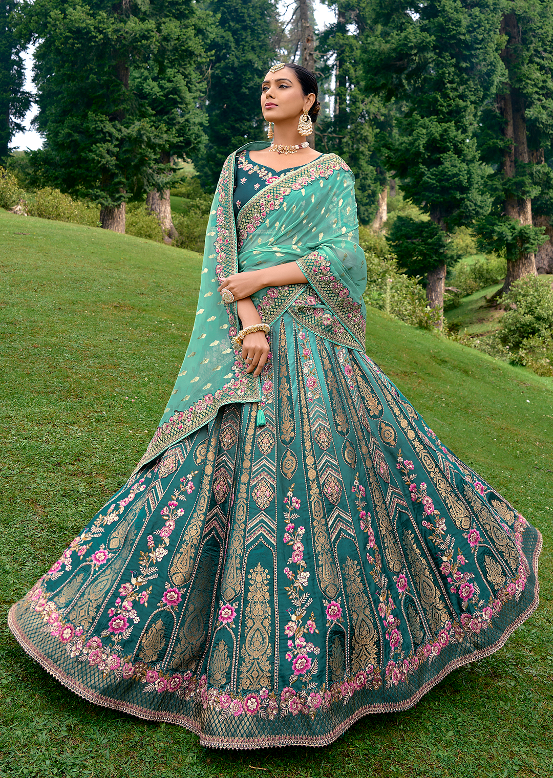 Teal Blue Heavy Embroidered Premium Designer Silk Lehenga
