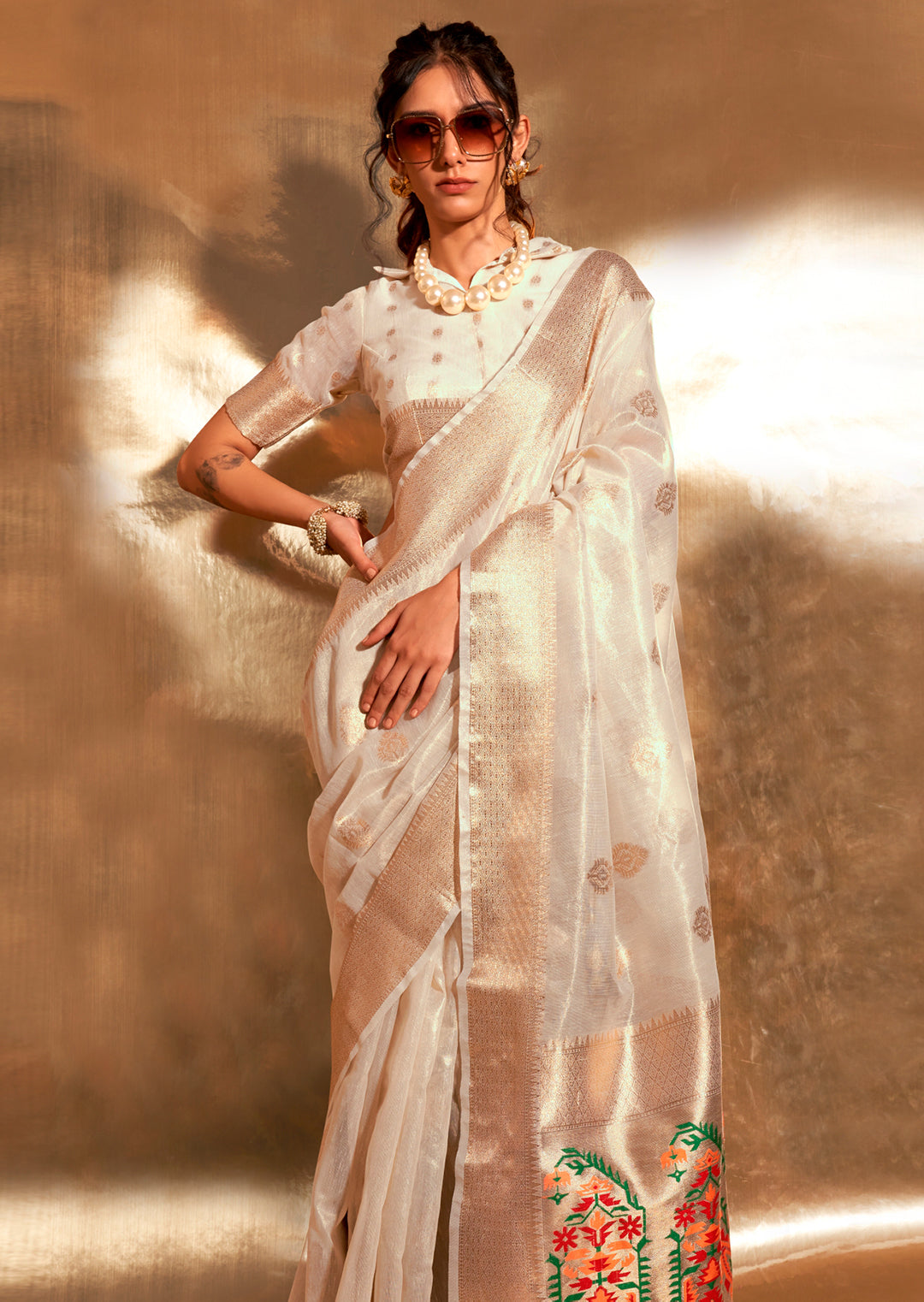 White Zari Woven Pure Paithani Tissue Silk Saree