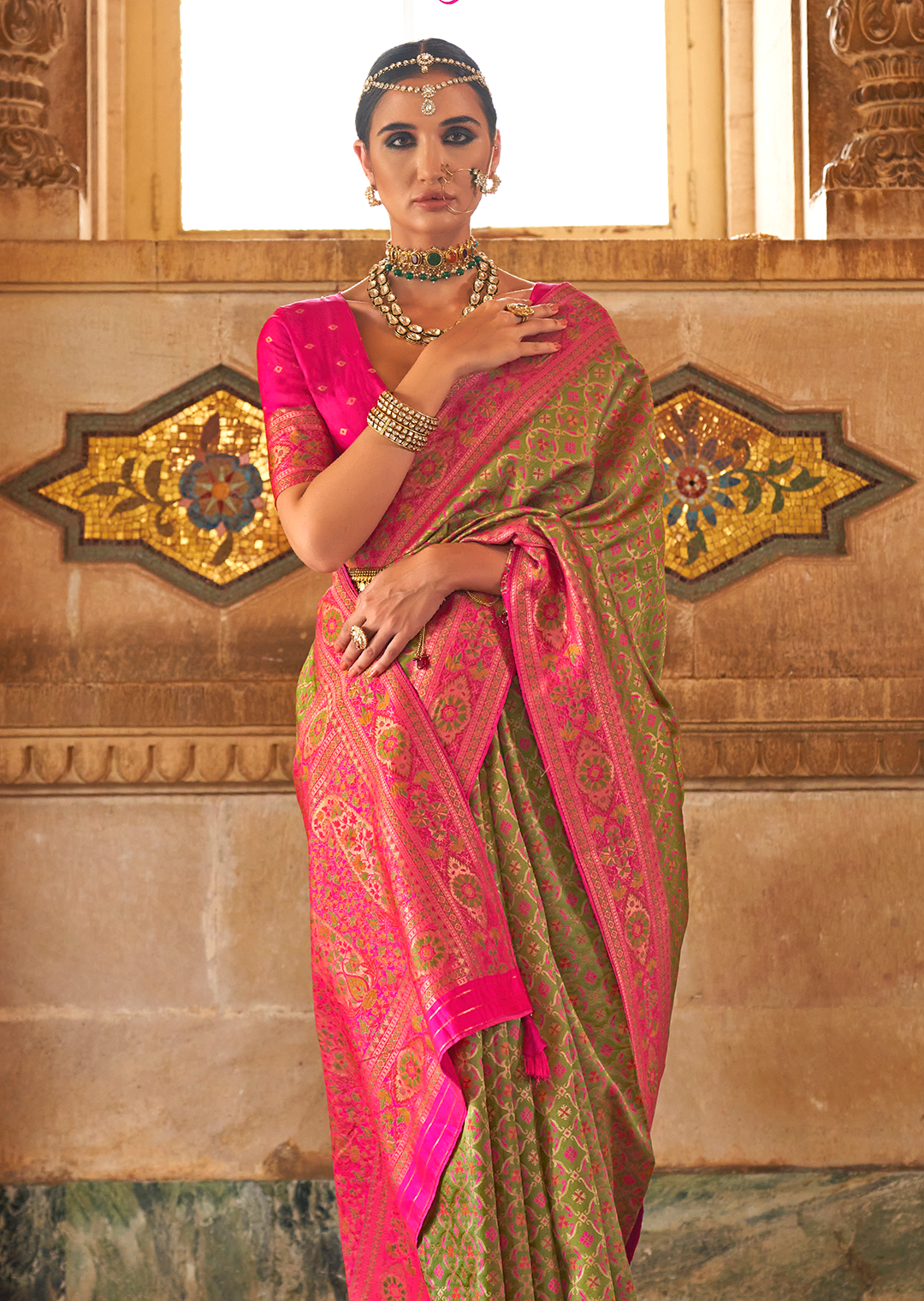 Olive Green Traditional Royal Patola Silk Saree