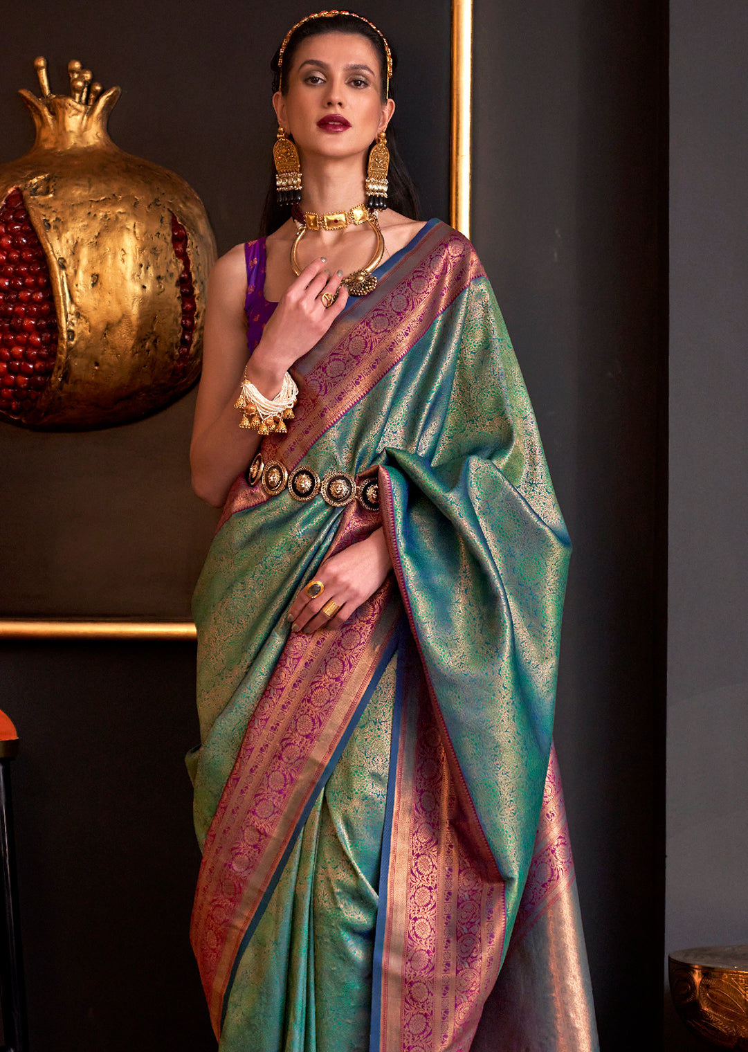 Golden peacock Green Zari Woven Pure Handloom Kanjivaram Silk Saree