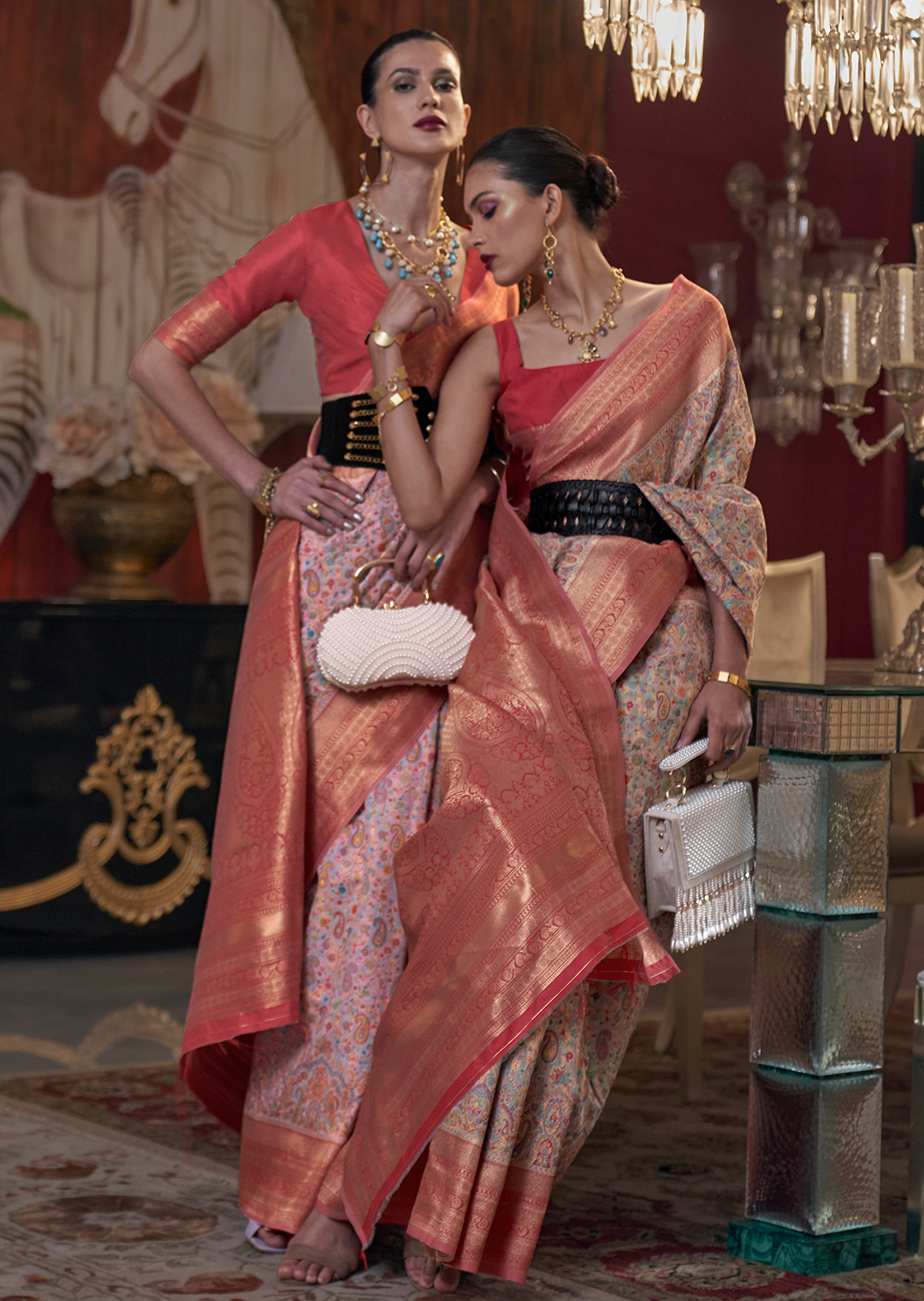 Peach Pink Woven Pure Handloom Kashmiri Jamewar Silk Saree
