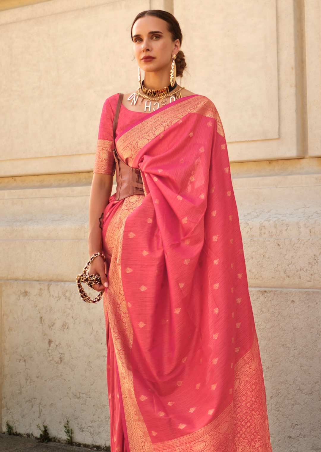 Watermelon Pink Woven Pure Handloom Khadi Silk Saree