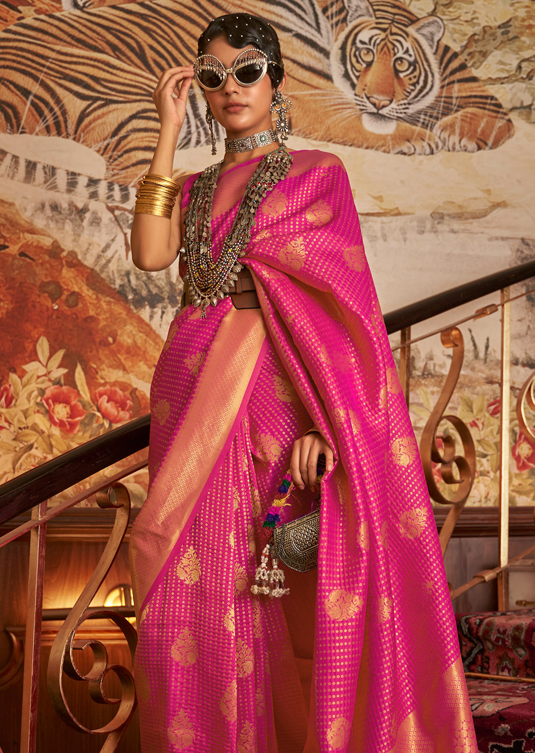 Magenta Pink Zari Woven Two Tone Chinon Kanjivaram Silk Saree