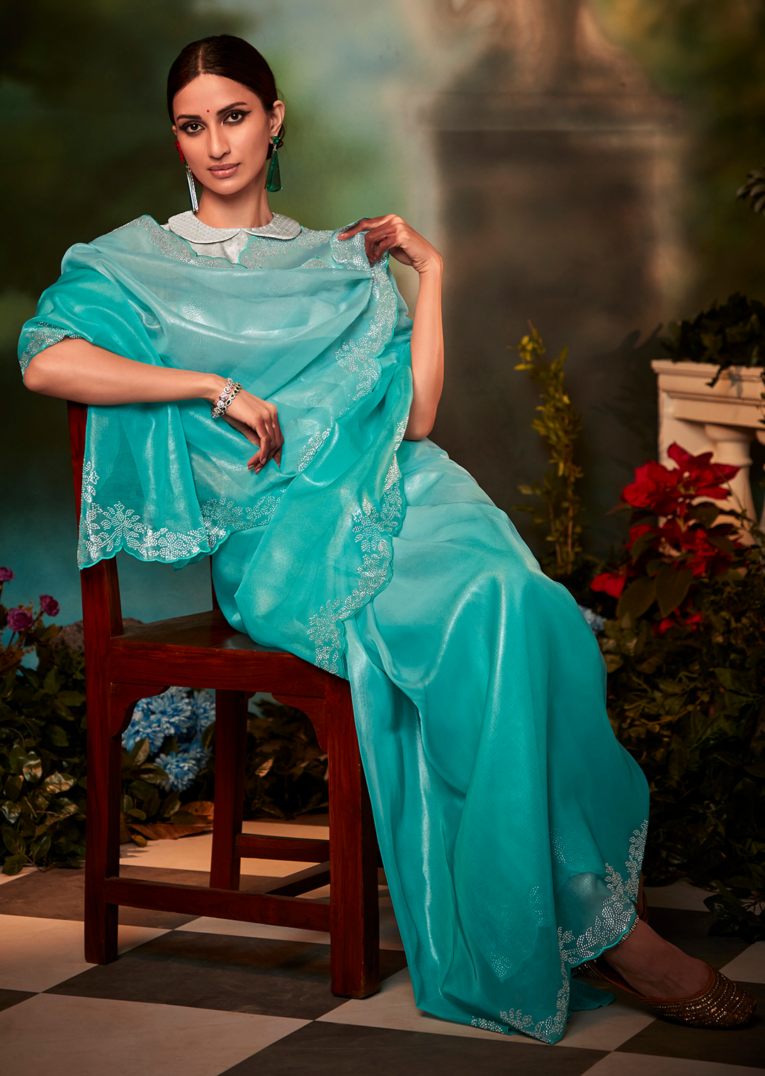 TURQUOISE BLUE PURE TISSUE SILK SWAROVSKI DESIGNER SAREE