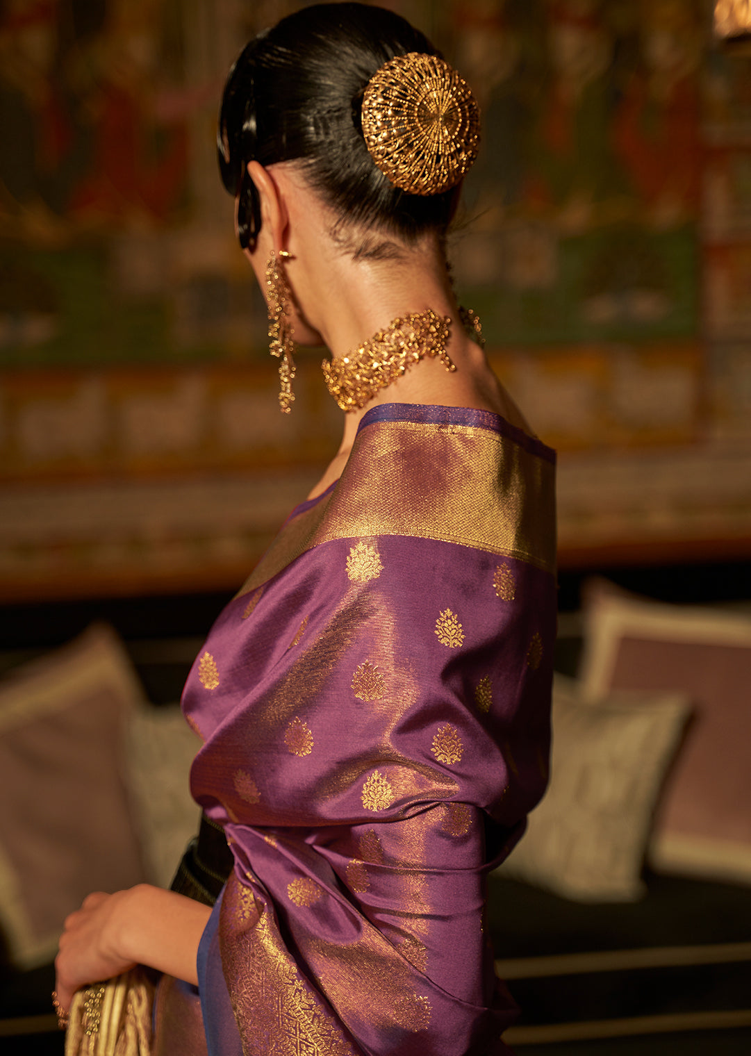 Golden Plum Purple Zari Woven Pure Handloom Kanjivaram Silk Saree