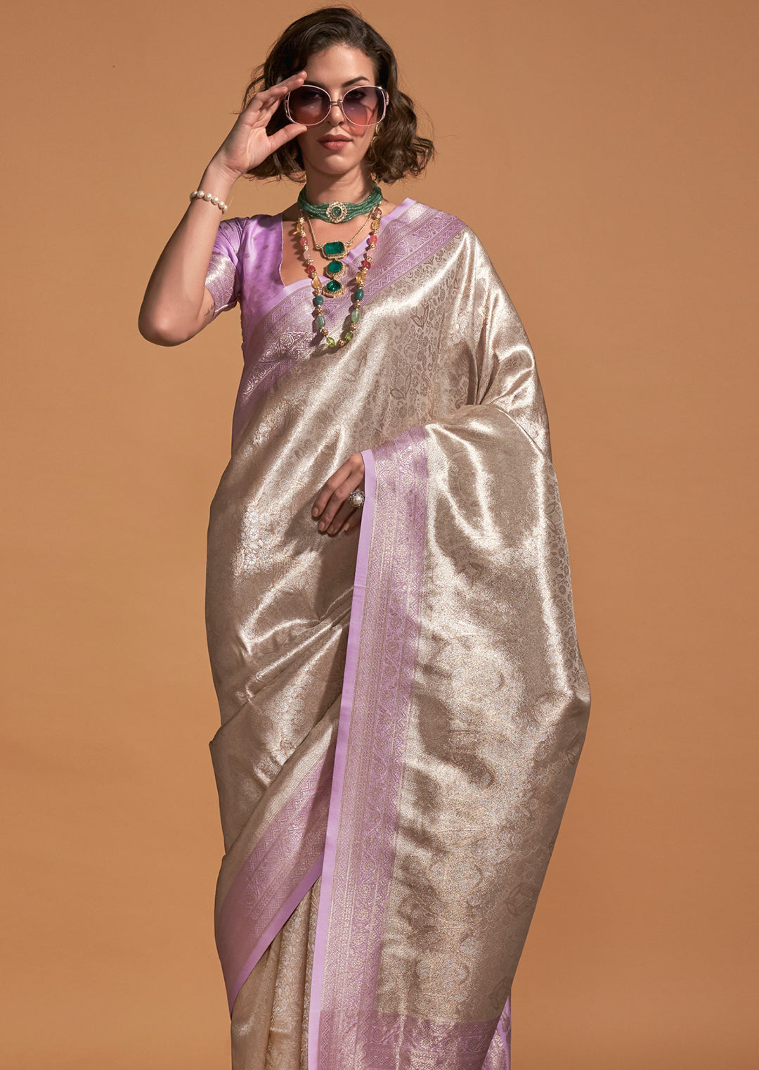 Lace White & Lavender Zari Woven Pure Handloom Kanjivaram Silk Saree