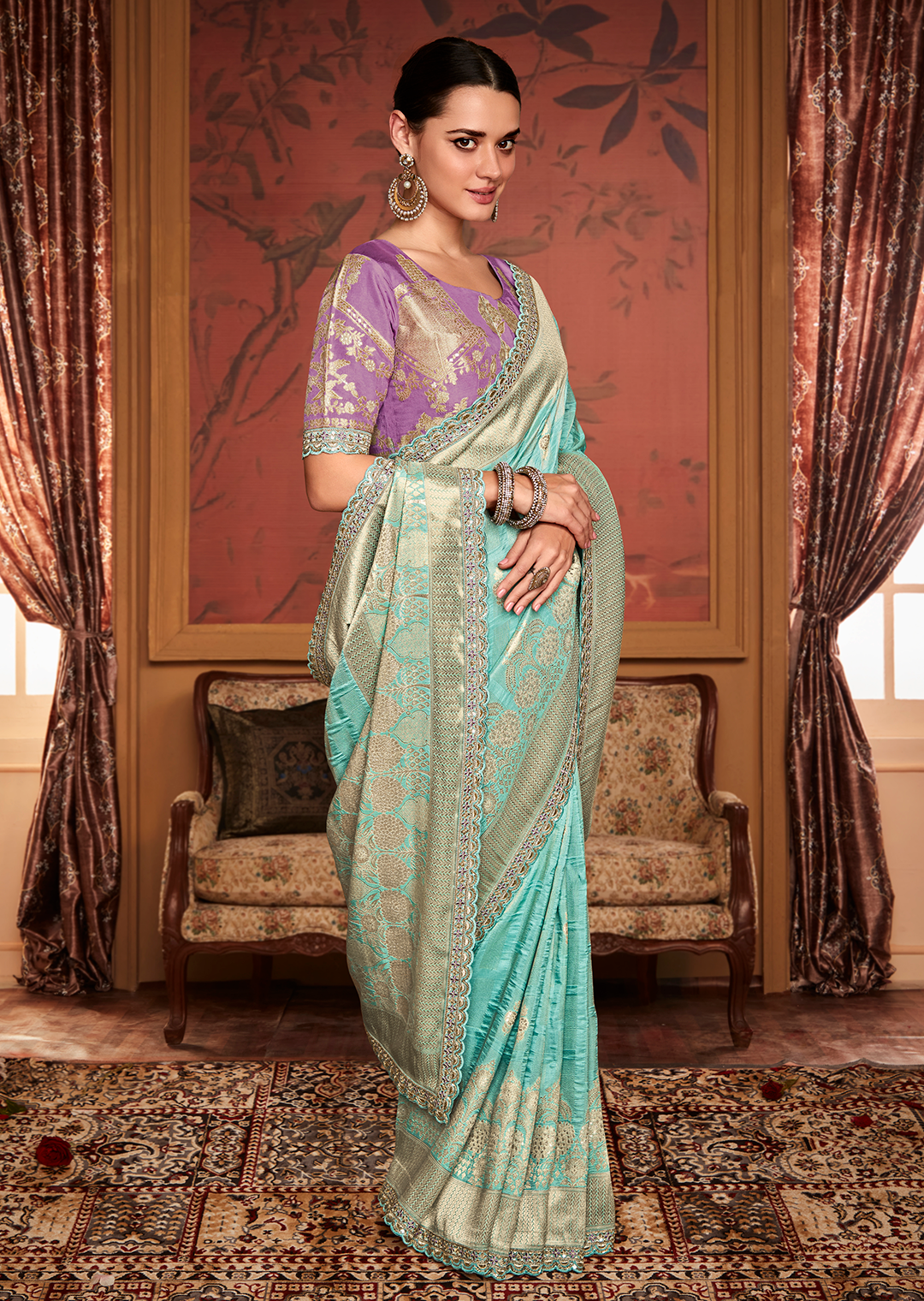 AQUA BLUE	PURE CREPE SILK DESIGNER BANARASI SAREE