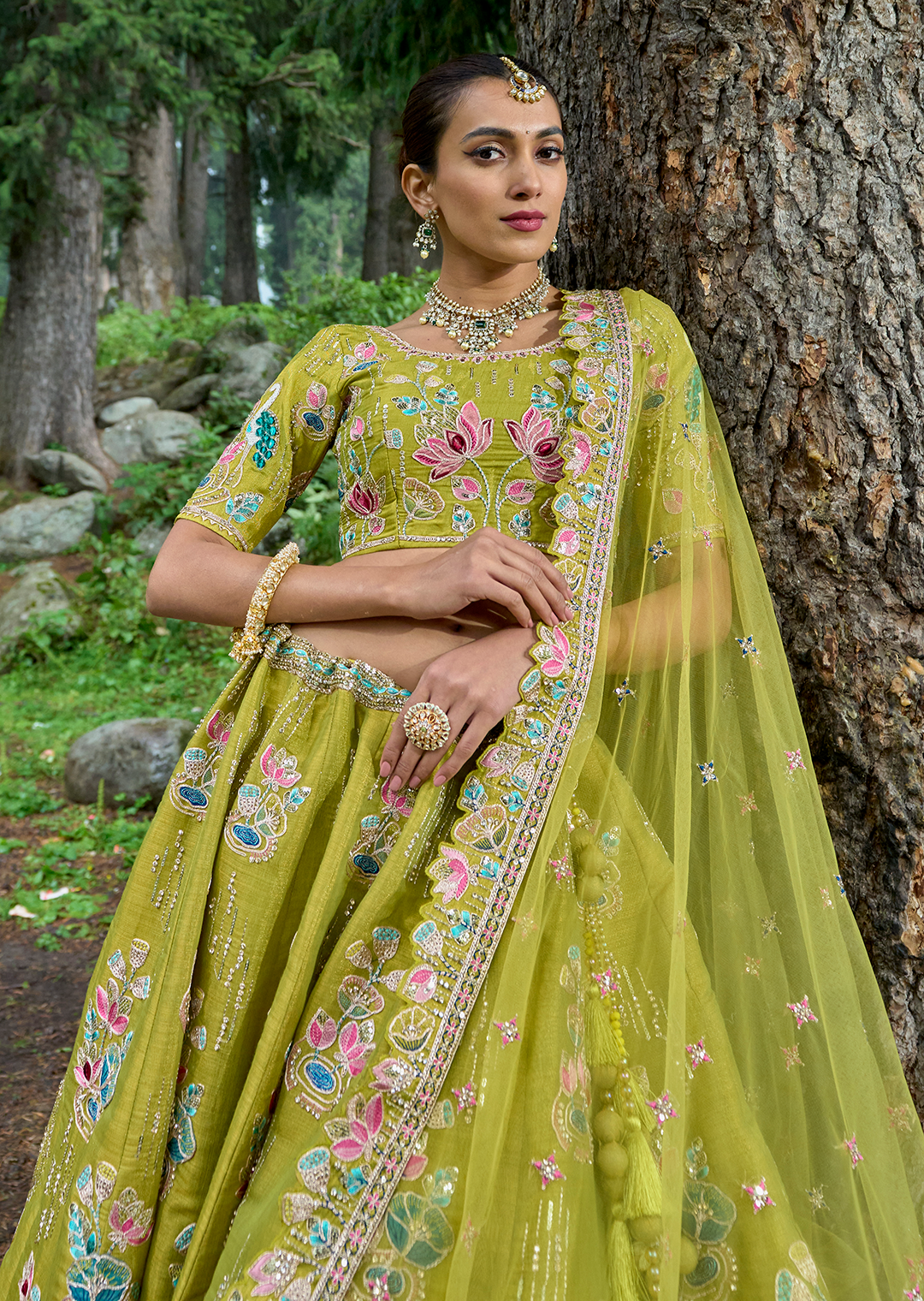 Pear Green Hand Worked Premium Designer Silk Lehenga