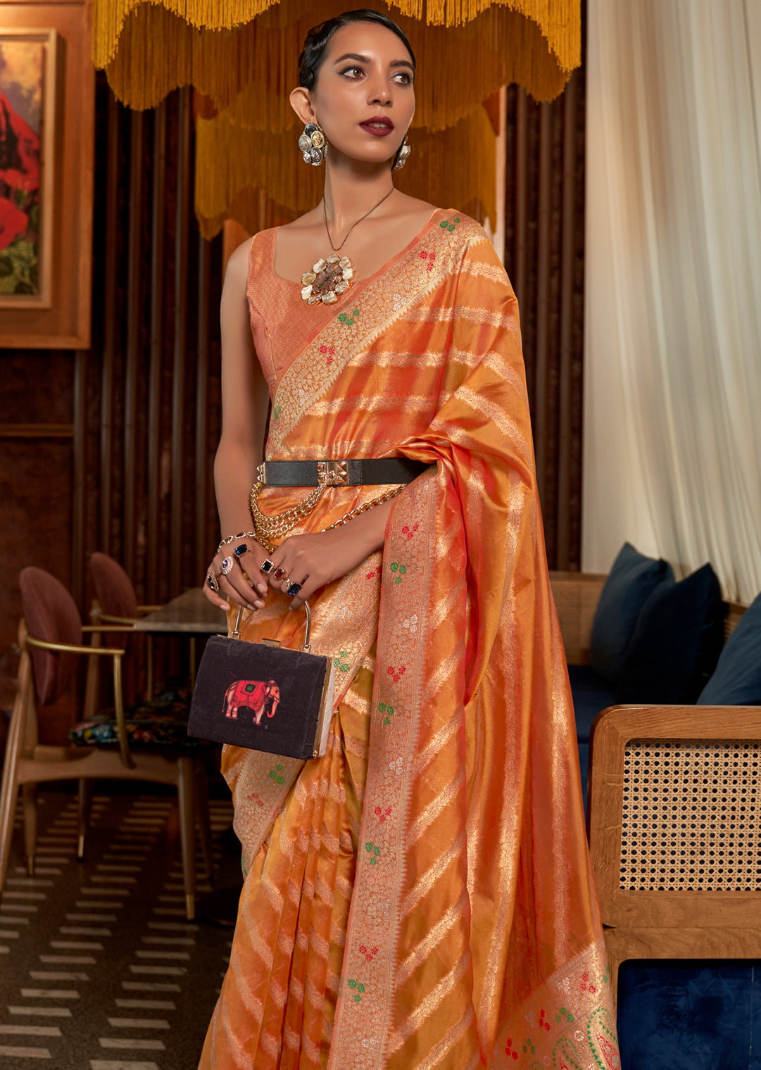 Orange Two Tone Meenakari Woven Pure Organza Silk Saree