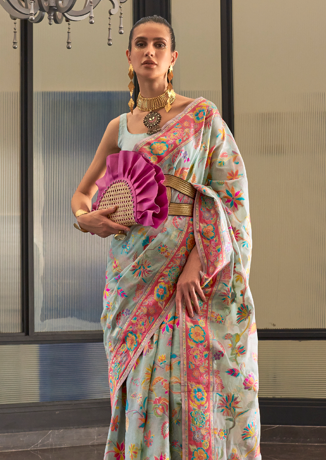 Mint Green Woven Pure Handloom Kashmiri Jamewar Silk Saree