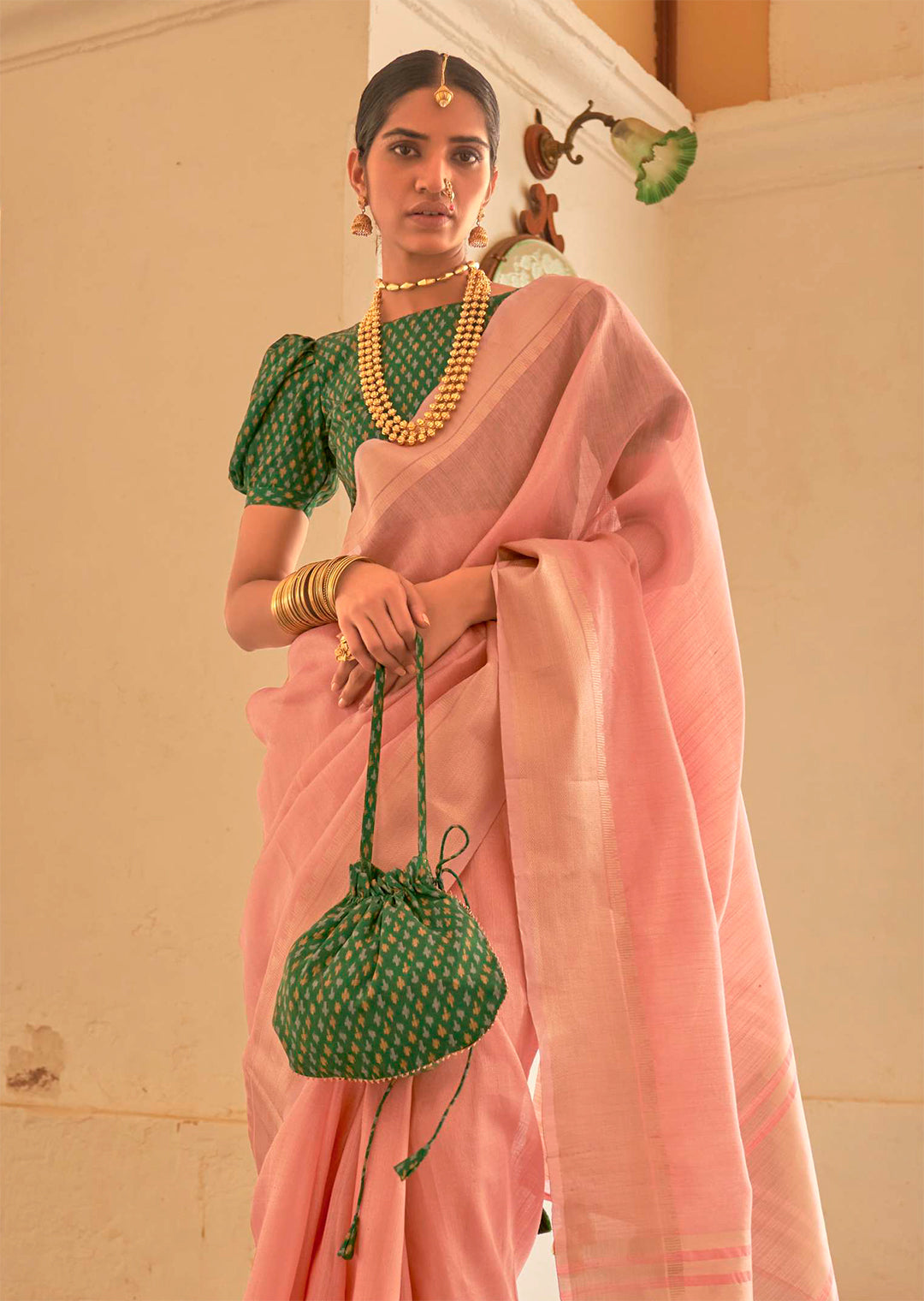 Crepe Pink Zari Woven Handloom Linen Tissue Silk Saree