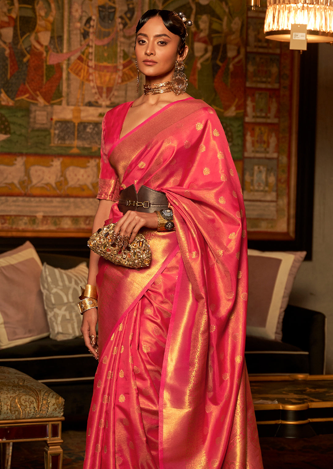 Golden Ruby Red	Zari Woven Pure Handloom Kanjivaram Silk Saree