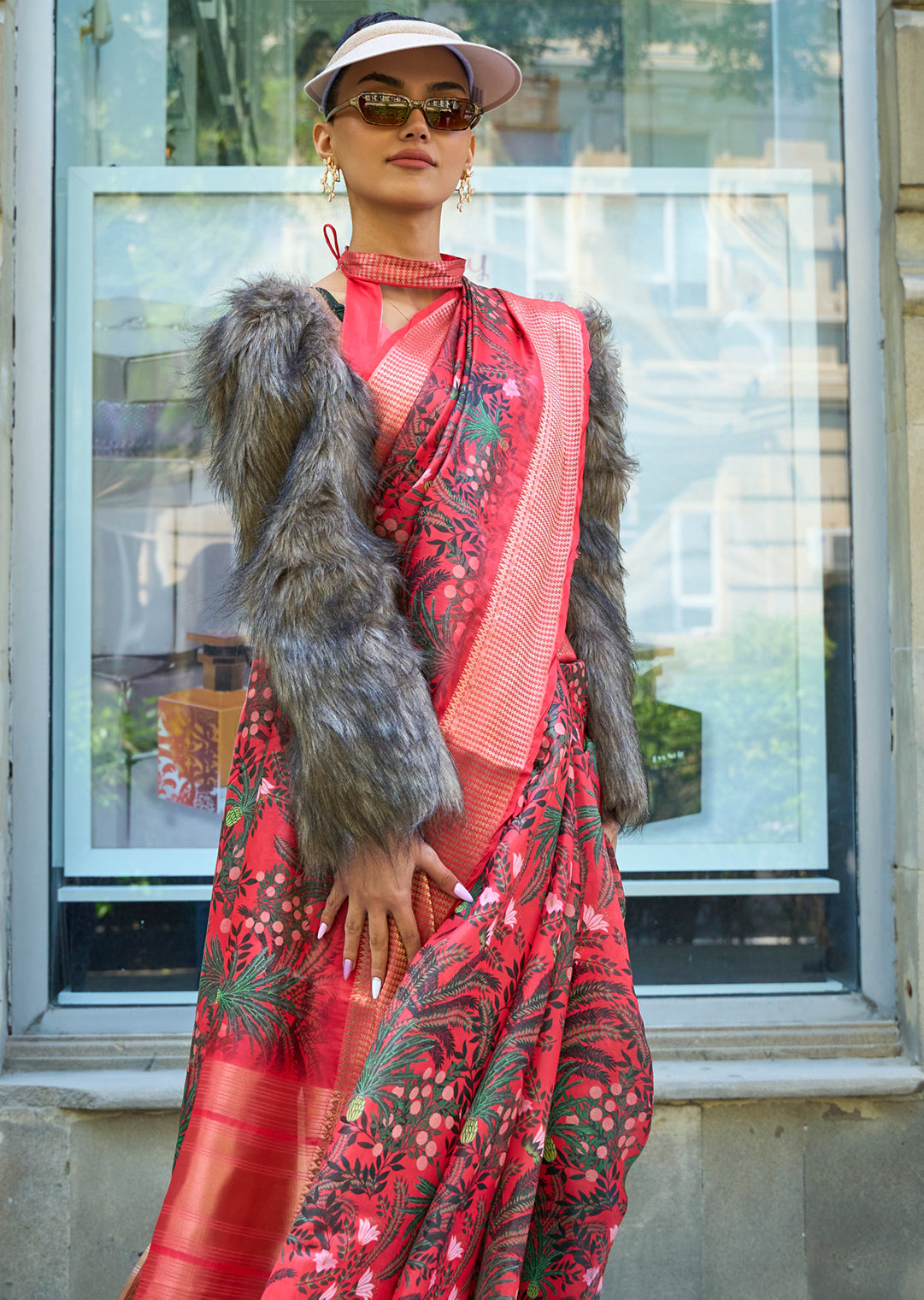 Coral Red Woven Pure Satin Organza Silk Saree