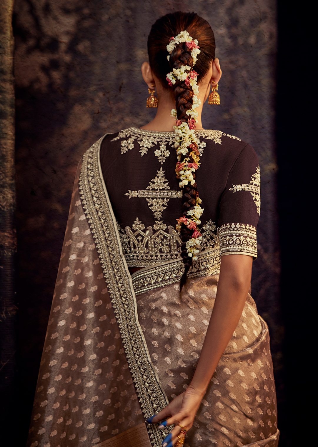 CHOCO BROWN PURE TISSUE SILK DESIGNER SAREE