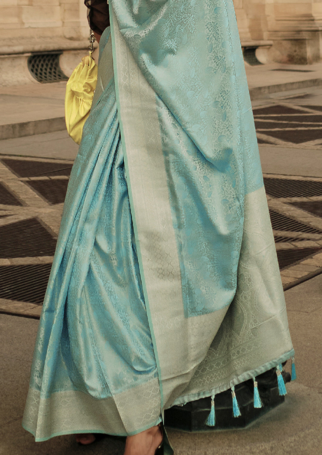 Sky Blue	Woven Handloom Pure Satin Silk Saree
