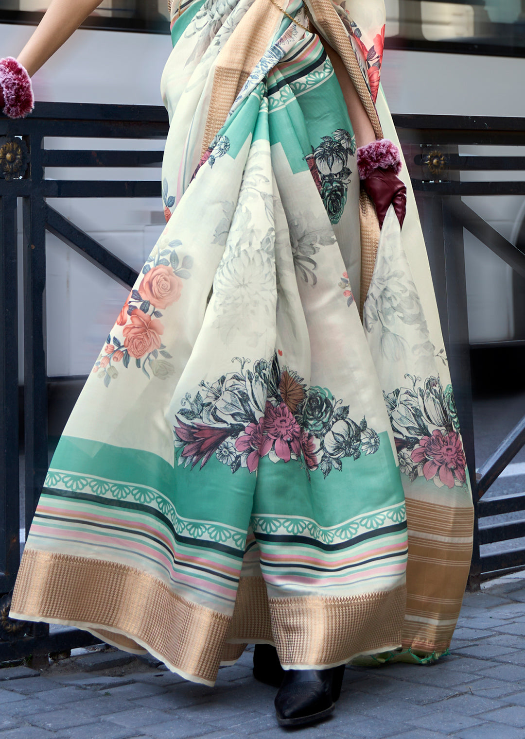 Off White Woven Pure Satin Organza Silk Saree