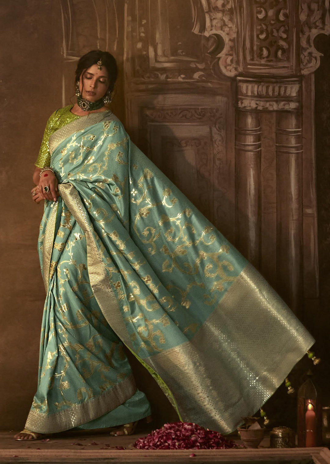 POWDER BLUE WOVEN PURE CREPE SILK DESIGNER BANARASI SAREE