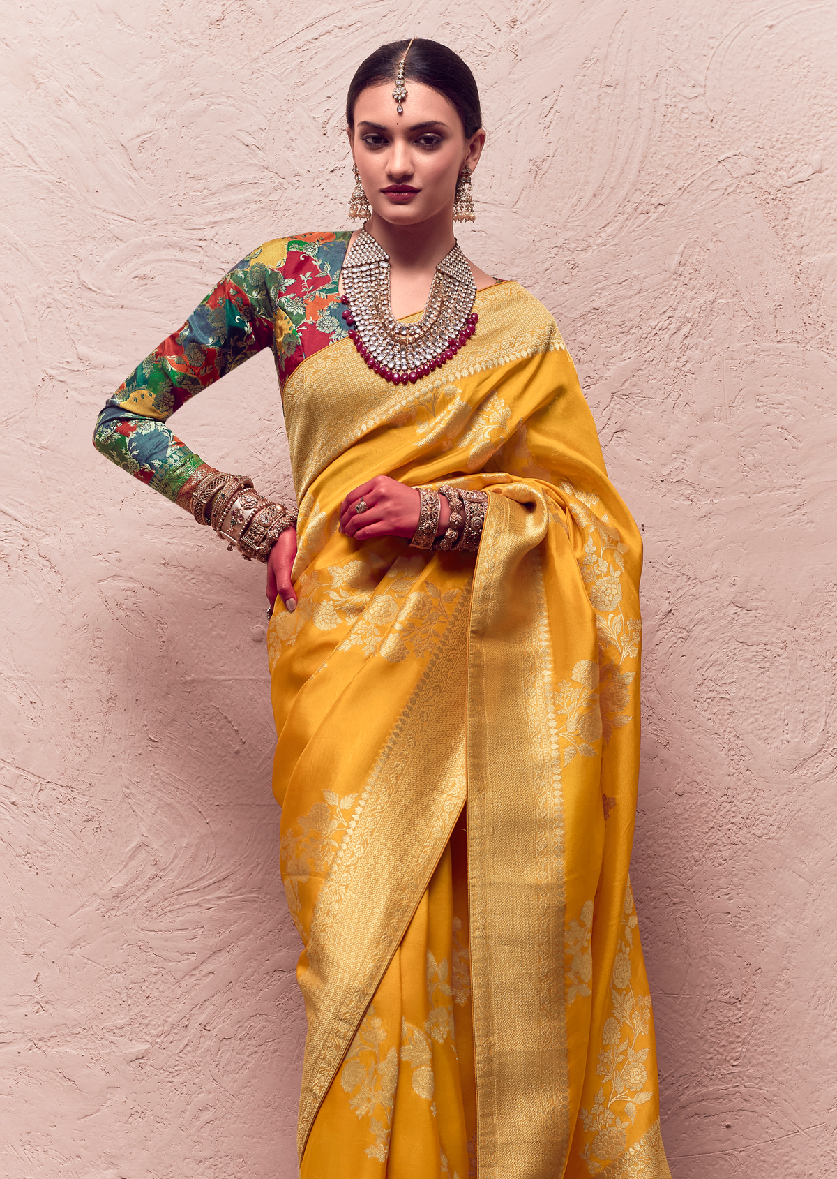GOLDEN YELLOW PURE CREPE SILK DESIGNER KHADDI BANARASI SAREE