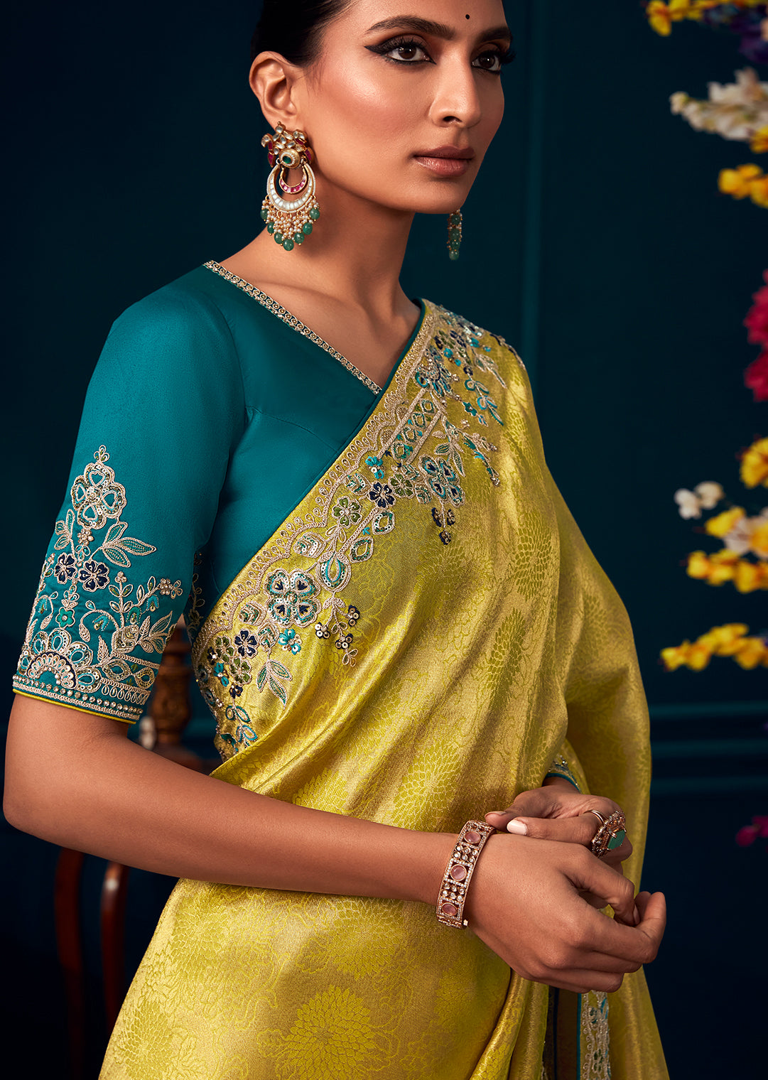 LIME GREEN  HEAVY EMBROIDERED BROCADE DESIGNER KANJIVARAM SILK SAREE