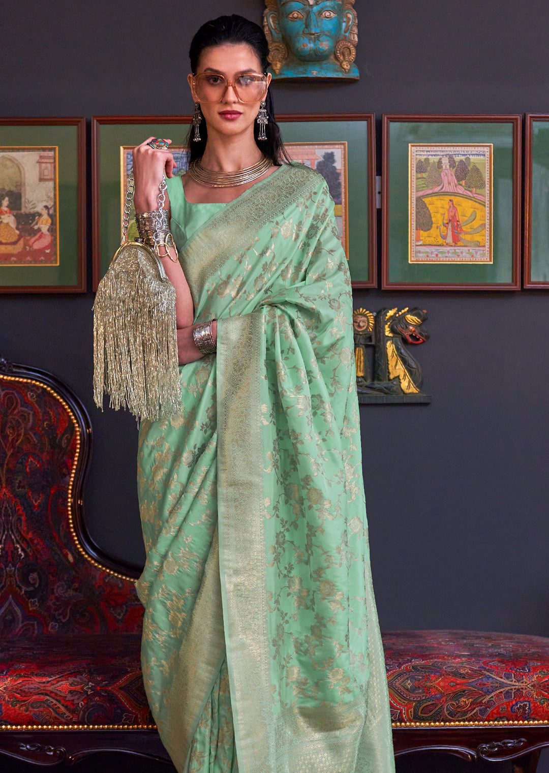 Mint Green Woven Pure Handloom Katan Silk Saree