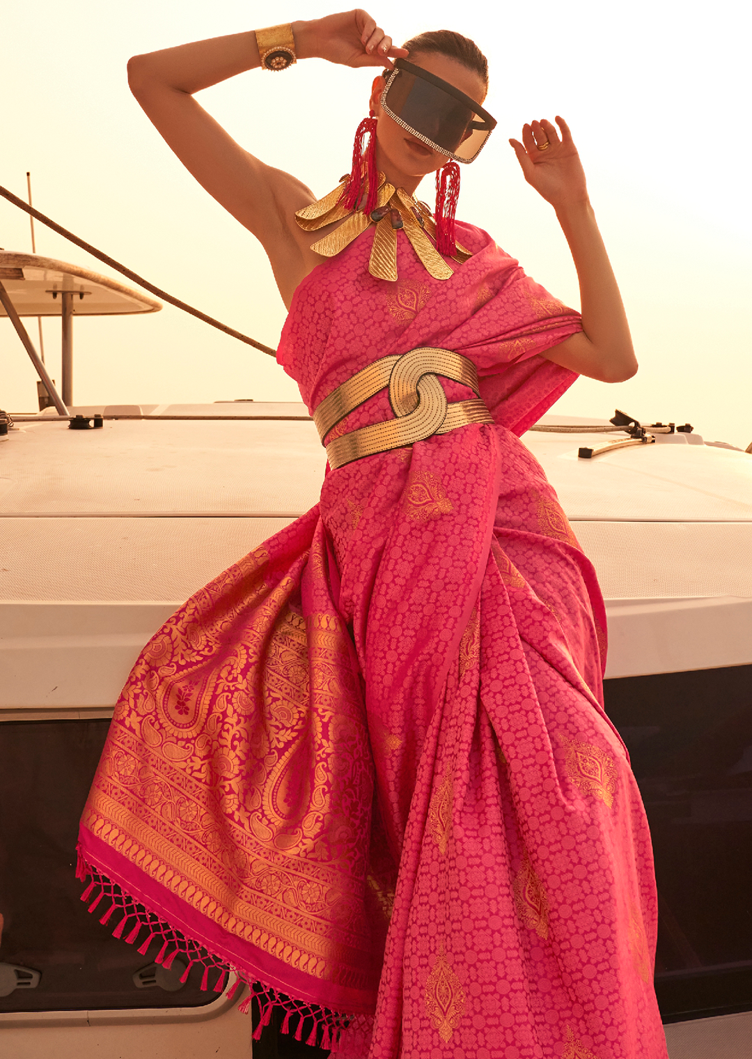 Ruby Pink Woven Pure Handloom Kanjivaram Satin Silk Saree