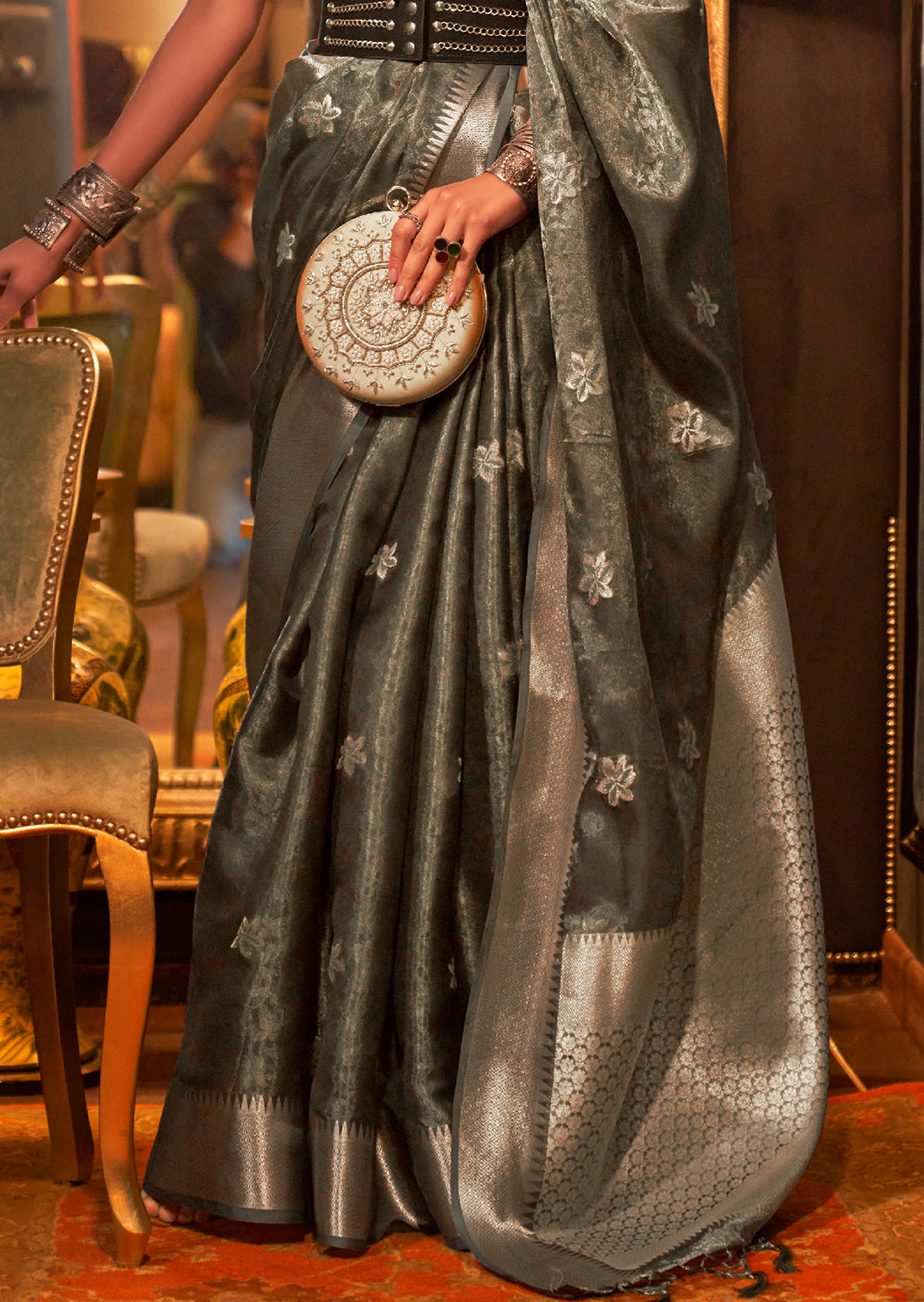 Sage Green Zari Woven Two Tone Pure Handloom Organza Silk Saree