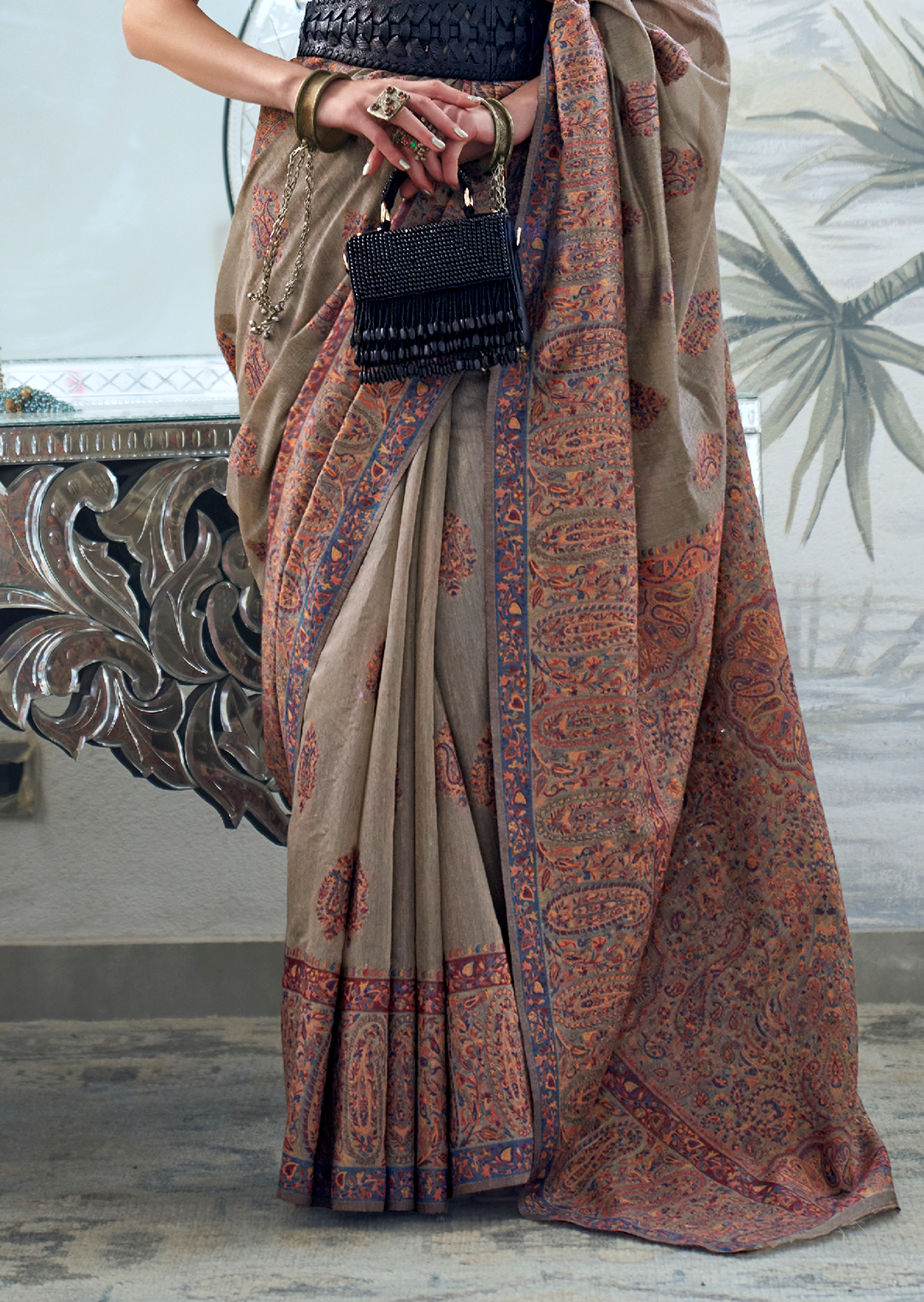 Artichoke Green Woven Pure Handloom Kashmiri Jamewar Saree