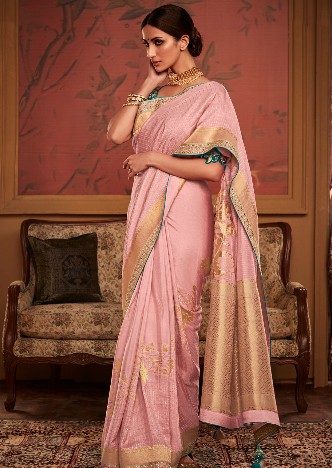 PASTEL PINK PURE CREPE SILK DESIGNER BANARASI SAREE