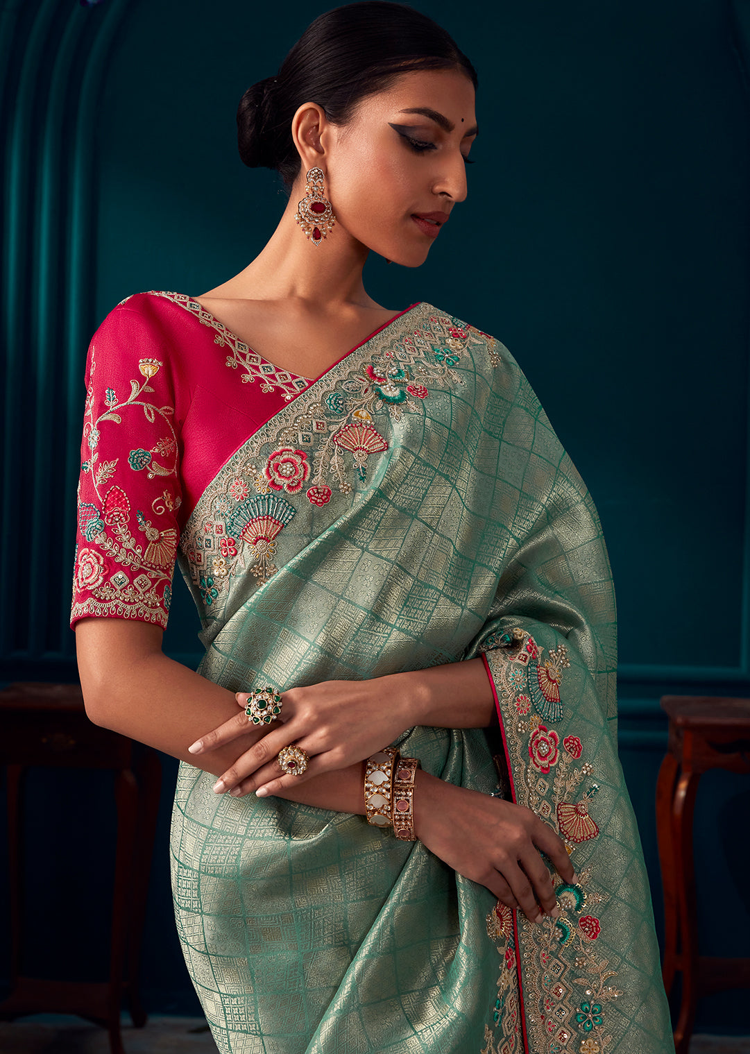 PERSIAN GREEN HEAVY EMBROIDERED BROCADE DESIGNER KANJIVARAM SILK SAREE