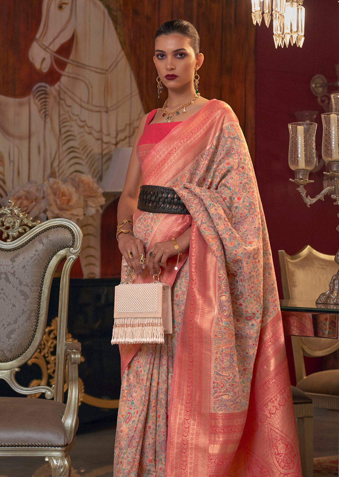 Peach Pink Woven Pure Handloom Kashmiri Jamewar Silk Saree