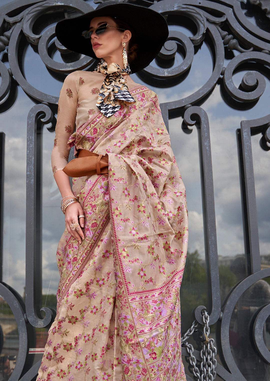 Beige Off White Woven Pure Handloom Parsi Organza Silk Saree
