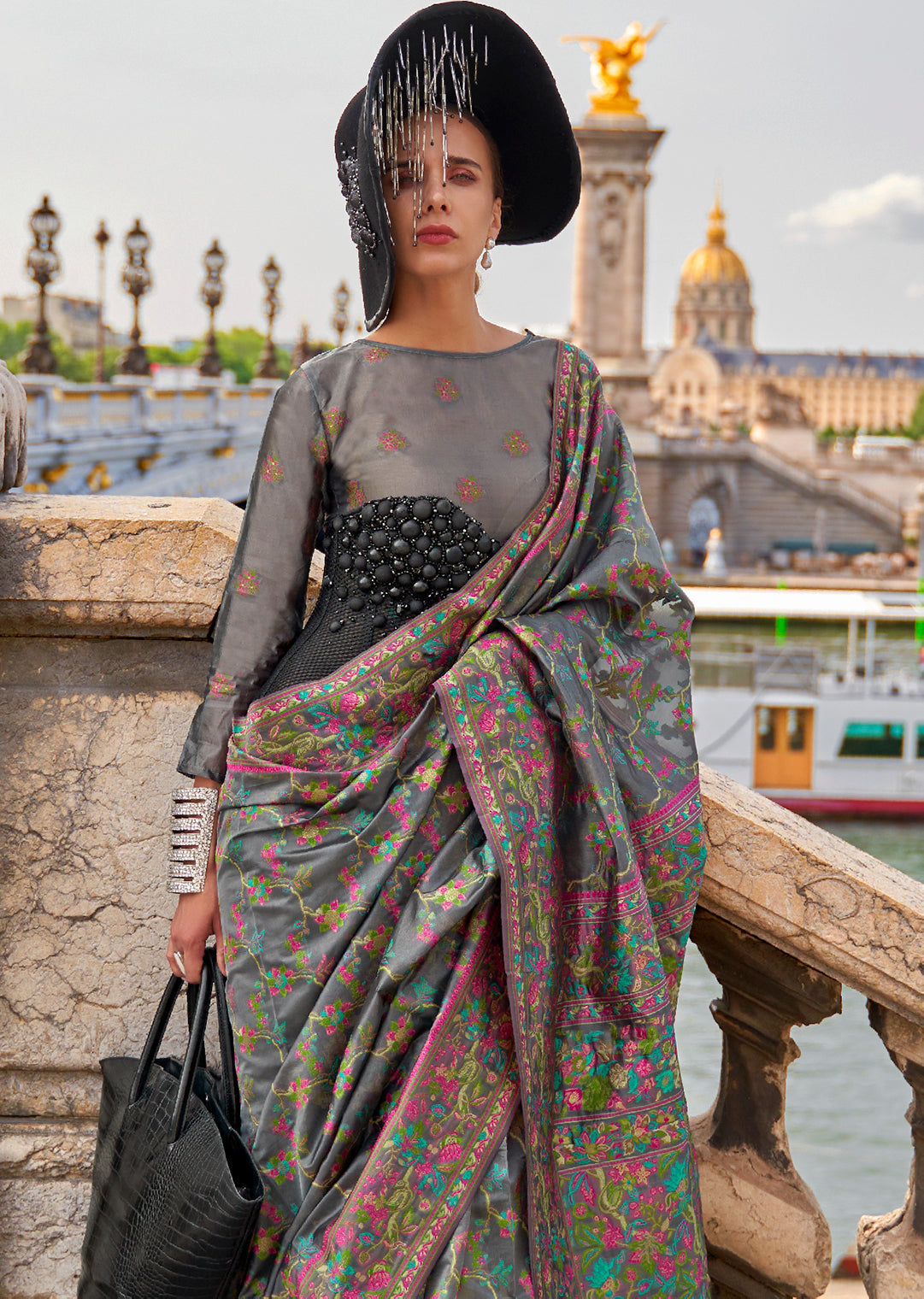 Grey Woven Pure Handloom Parsi Organza Silk Saree
