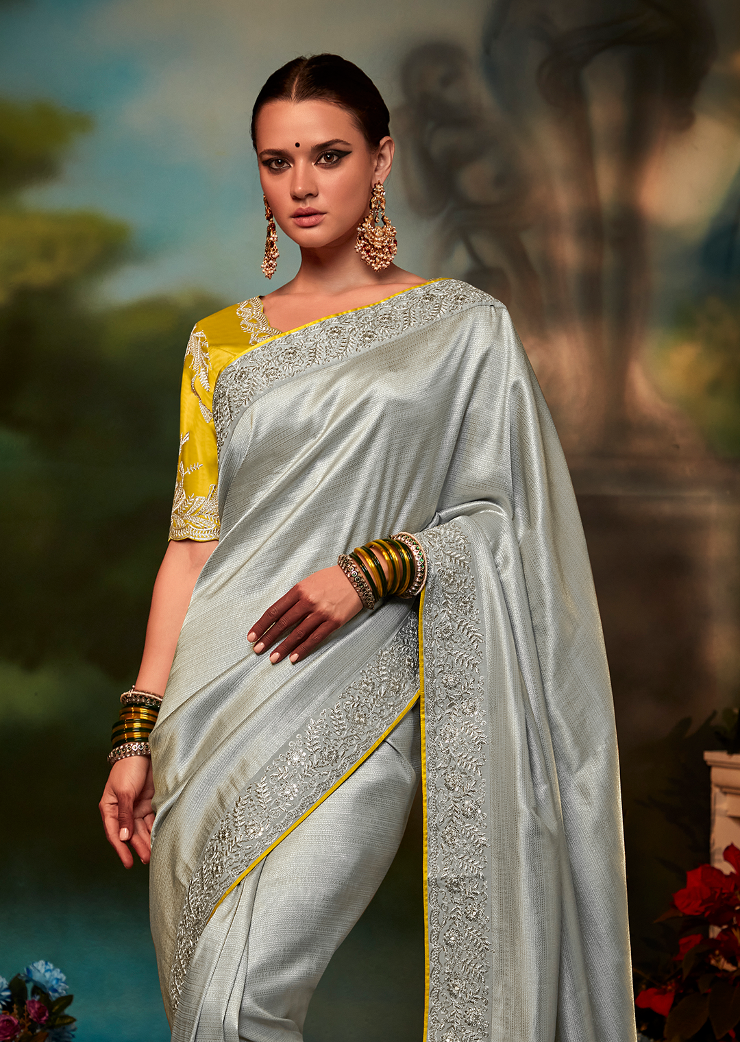 METALIC GREY HEAVY EMBROIDERED DESIGNER BANARASI SILK SAREE