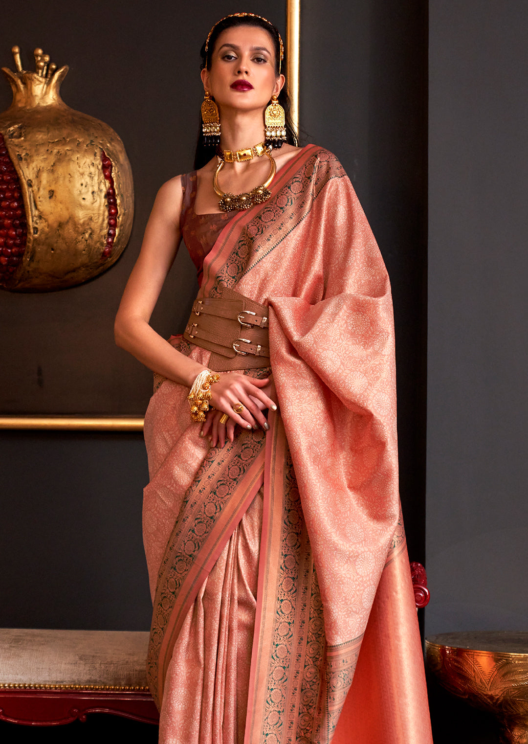 Peach Zari Woven Pure Handloom Kanjivaram Silk Saree
