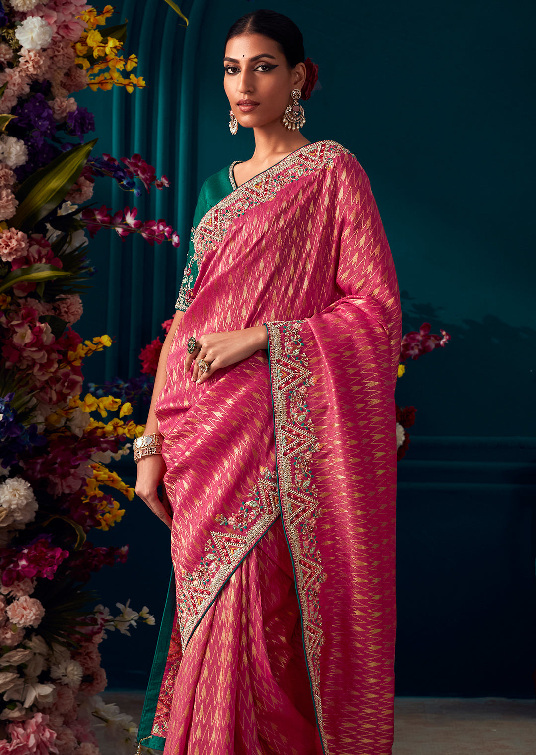 WATERMELON RED HEAVY EMBROIDERED BROCADE DESIGNER KANJIVARAM SILK SAREE