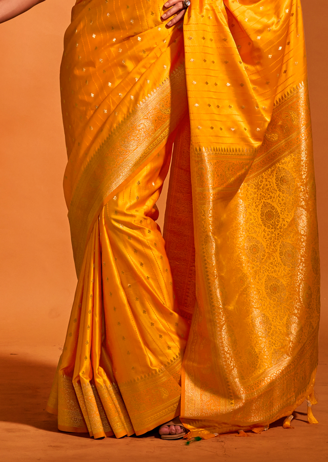 Golden Yellow Zari Woven  Handloom Pure Banarasi Satin Silk Saree