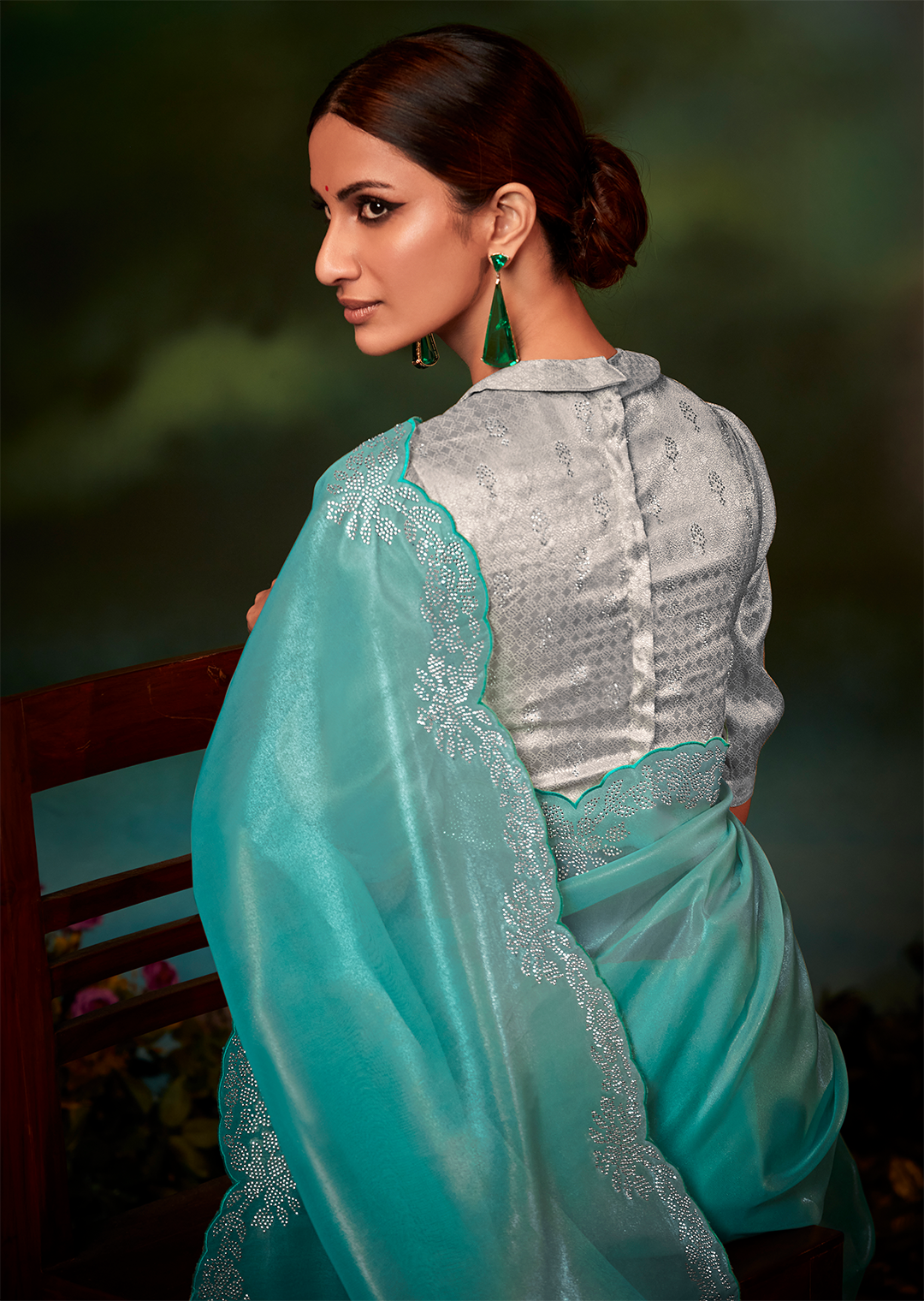 TURQUOISE BLUE PURE TISSUE SILK SWAROVSKI DESIGNER SAREE