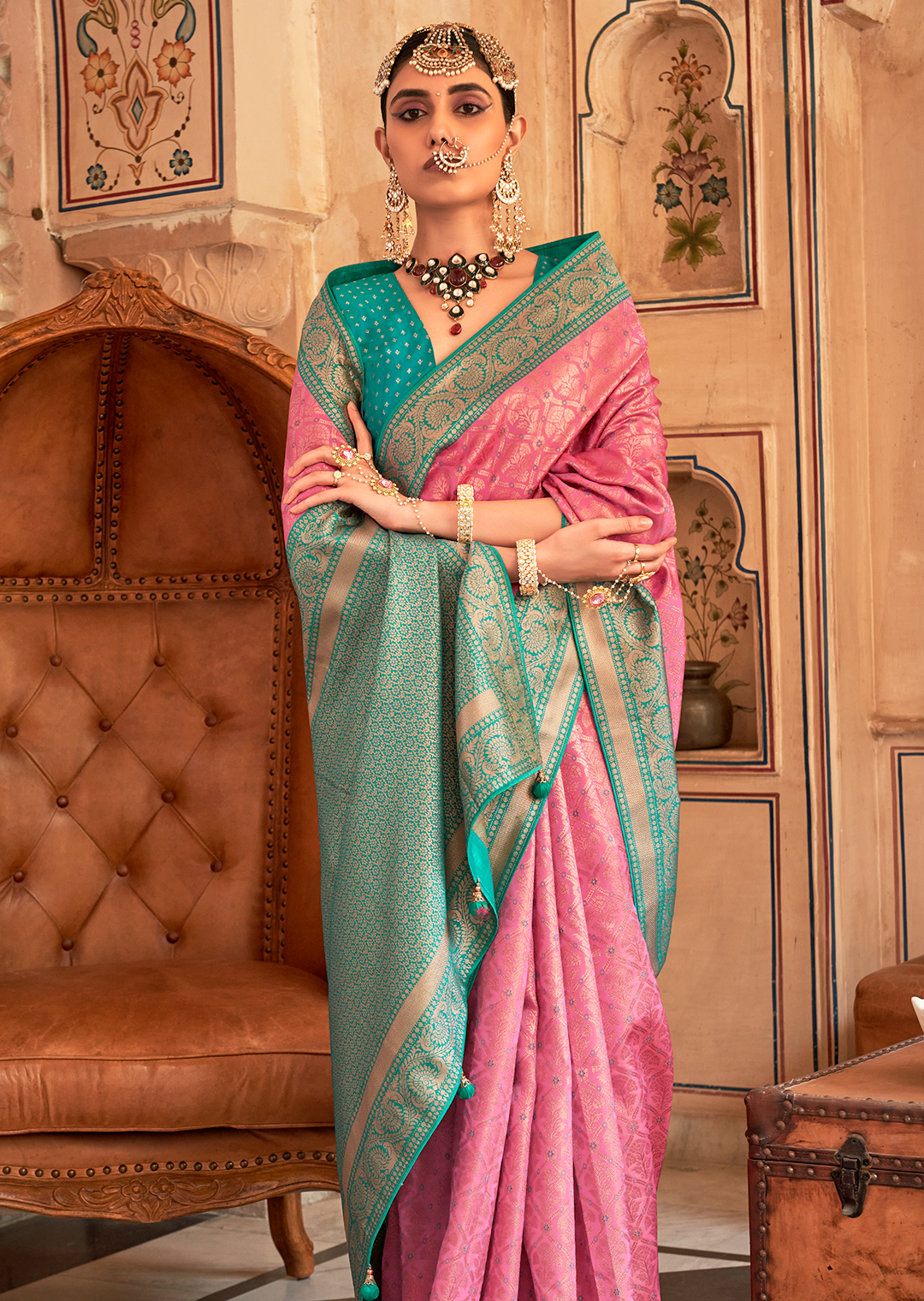 Carnation Pink Woven Royal Patola Kanjivaram Silk Saree