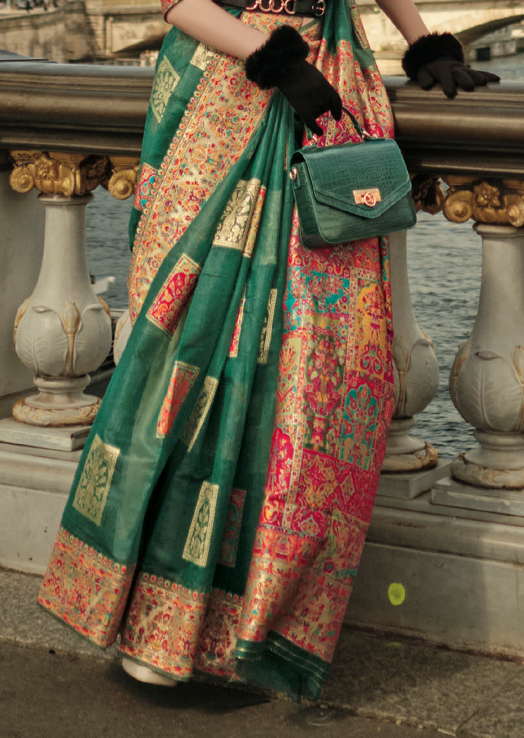 Jade Green Woven Pure Handloom Kashmiri Jamewar Silk Saree