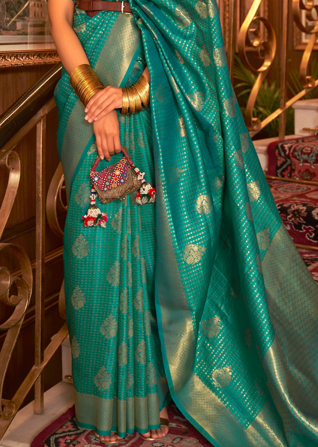 Teal Green Zari Woven Two Tone Chinon Kanjivaram Silk Saree