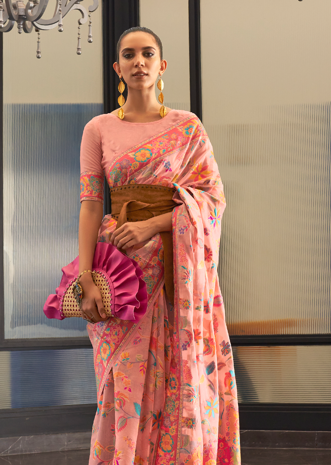 Deep Peach Woven Pure Handloom Kashmiri Jamewar Silk Saree