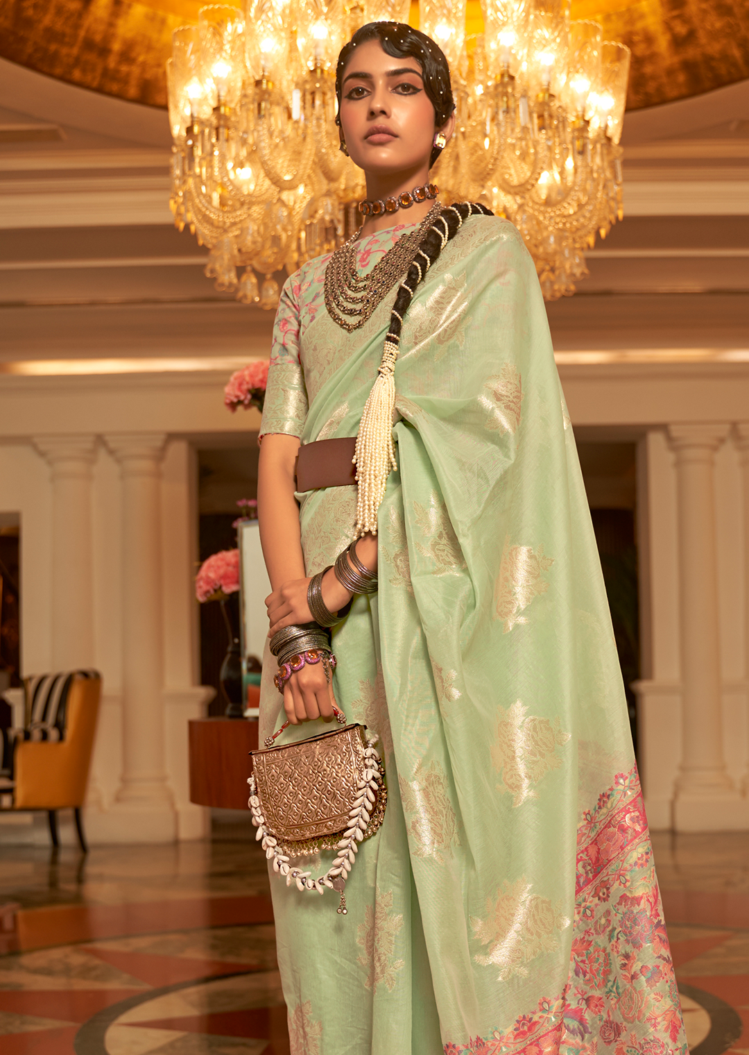 TEA GREEN WOVEN KASHMIRI JAMEWAR SILK SAREE