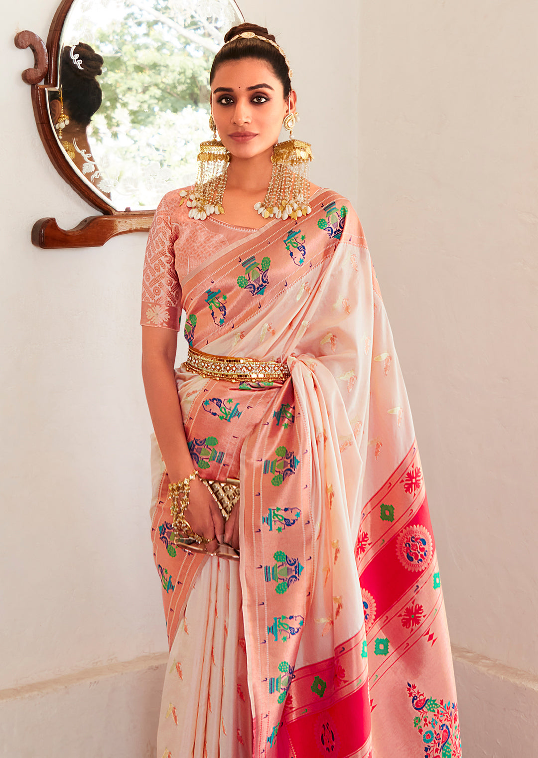 Copper White Copper Zari Woven Traditional Paithani Silk Saree