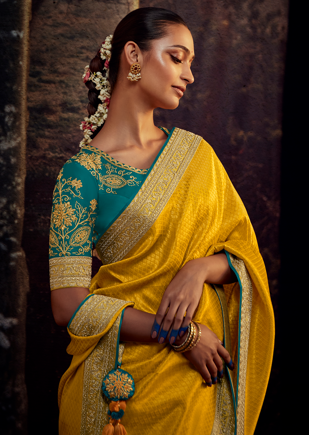 MUSTARD YELLOW DESIGNER KANJIVARAM SILK SAREE