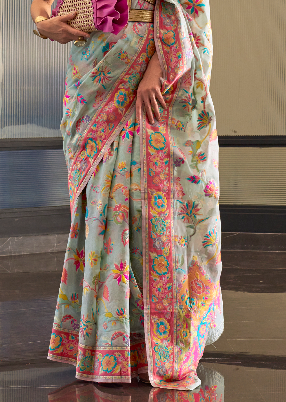 Mint Green Woven Pure Handloom Kashmiri Jamewar Silk Saree