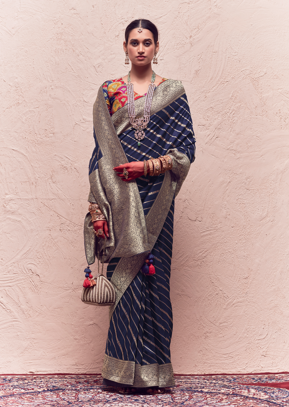 NAVY BLUE PURE CREPE SILK DESIGNER KHADDI BANARASI SAREE