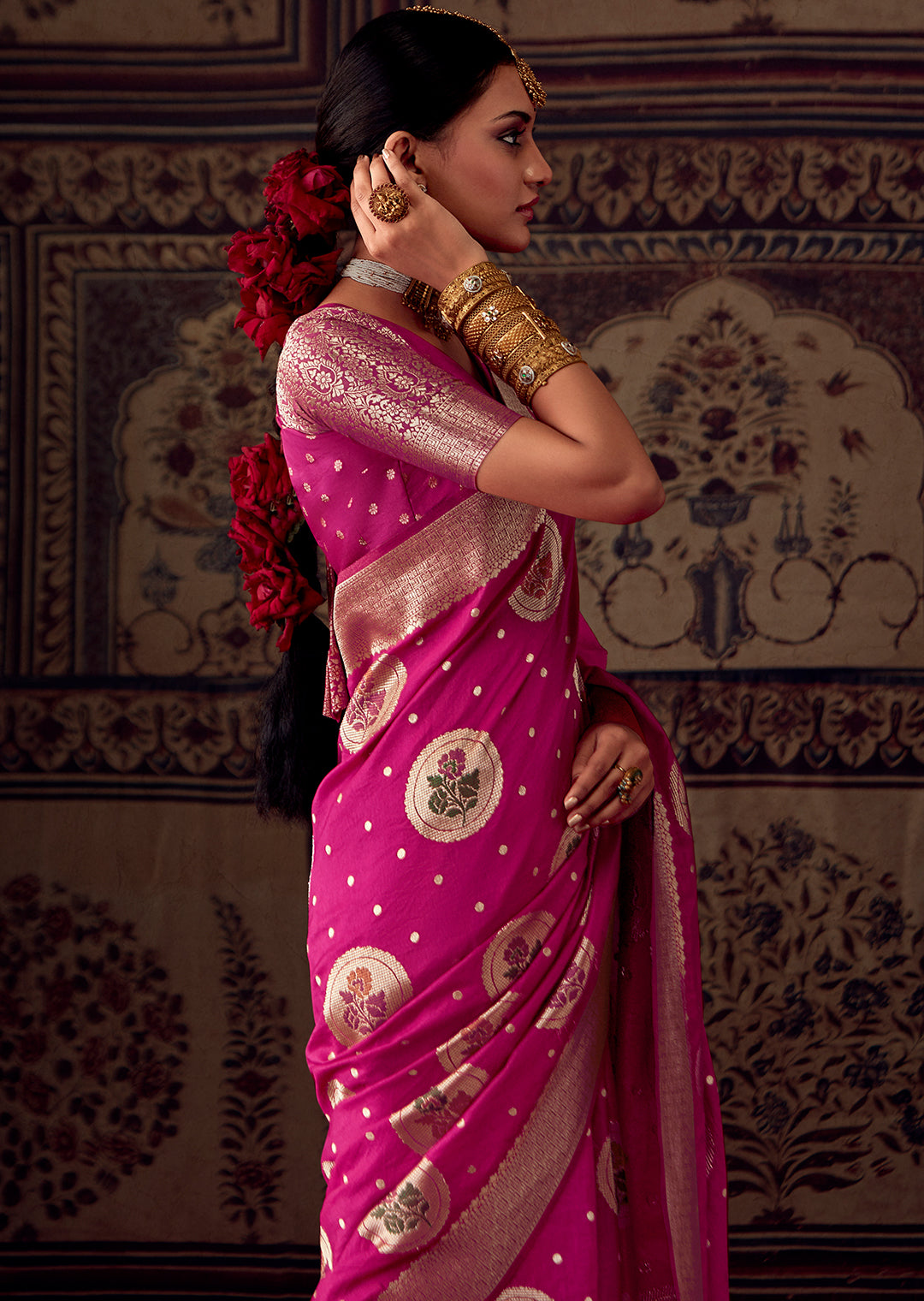 DEEP PINK MEENAKARI WOVEN DESIGNER BANARASI SILK SAREE